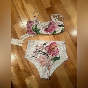 TiniBikini White Floral Lace-Up High-Waist Two-Piece